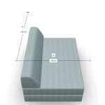 Ein hellgraues gepolstertes Schlafsofa, das von oben gezeigt wird und dessen Abmessungen mit 140 cm Tiefe (A) und 100 cm Breite (B) angegeben sind. Die Rückenlehne befindet sich auf der linken Seite.