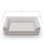 Draufsicht auf ein hellgraues Sofa mit Armlehnen an drei Seiten, das 200 cm breit und 100 cm tief ist. Um das Sofa herum sind die Maße A: 200 cm und B: 100 cm eingezeichnet.