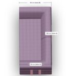 Draufsicht auf ein lilafarbenes Sektionssofa mit Beschriftung der Abmessungen: 180 cm (Seite A) und 90 cm (Seite B). Das Sofa hat eine U-förmige Konfiguration.