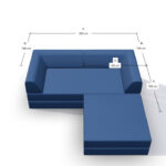 3D-Illustration eines blauen L-förmigen Sektionssofas mit folgenden Maßen: Hauptteil 200 cm x 100 cm, Seitenteil 100 cm x 100 cm und Armlehnenhöhe 100 cm.
