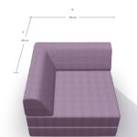 Draufsicht auf ein violettes, L-förmiges Sofa mit vertikalen Streifen. Die beiden Seiten des Sofas messen jeweils 100 cm, wie durch die beschrifteten Pfeile A und B angegeben.