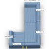 Draufsicht auf ein L-förmiges blaues Sofa mit beschrifteten Abmessungen: 100 cm (Seite A), 100 cm (Seite B), 130 cm (Seite B) und 160 cm (Seite A). Das Sofa ist segmentiert und zeigt verschiedene Abschnitte.