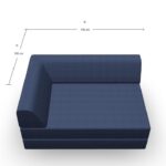 Ein blau gepolstertes Sofa mit Rückenlehne und linker Armlehne, von oben gesehen. Die Maße sind angegeben: 100 cm Tiefe (A) und 140 cm Breite (B).