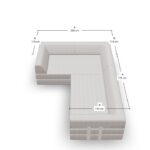 Ein hellgraues L-förmiges Sektionssofa mit beschrifteten Maßen: 200 cm und 170 cm für die Länge jeder Seite und 110 cm für die Breite jedes Segments. Das Sofa ist von schräg oben nach unten dargestellt.