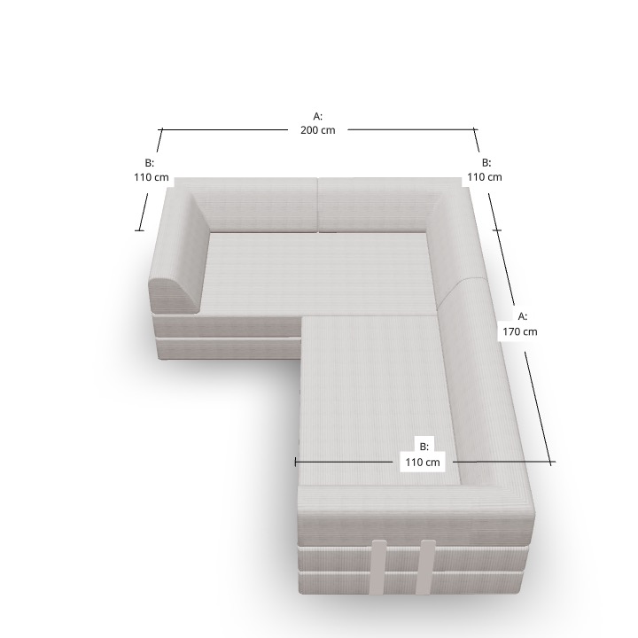 Ein hellgraues L-förmiges Sektionssofa mit beschrifteten Maßen: 200 cm und 170 cm für die Länge jeder Seite und 110 cm für die Breite jedes Segments. Das Sofa ist von schräg oben nach unten dargestellt.