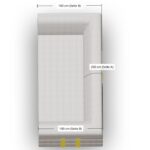 Draufsicht auf ein helles L-förmiges Sofa mit beschrifteten Maßen: 200 cm (Seite A) und 100 cm (Seite B) auf jeder Seite, mit gelben Akzenten auf der kürzeren Seite.