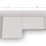 Draufsicht auf ein L-förmiges Sofa mit den angegebenen Maßen: 150 cm breit, 100 cm tief an der längeren Seite und 140 cm breit an der kürzeren Seite. Die Höhe der Rückenlehne des Sofas beträgt 50 cm.