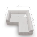 Draufsicht auf ein L-förmiges hellgraues Sektionssofa mit beschrifteten Maßen: 200 cm und 100 cm Länge auf der einen Seite, 140 cm und 100 cm auf der anderen Seite, mit den Maßen der Sitzflächen und Rückenlehnen.