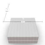 Eine quadratische Matratze mit hellgrauen Streifen ist von oben abgebildet. Die beschrifteten Maße geben an, dass sowohl die Länge als auch die Breite 100 cm betragen. Linien und Text markieren die Maße auf dem Bild.