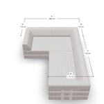 Draufsicht auf ein beigefarbenes L-förmiges Sofa mit den angegebenen Maßen: jedes Teil ist 110 cm breit, eine Seite ist 200 cm lang und die andere Seite ist 170 cm lang.