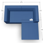 Draufsicht auf ein blaues L-förmiges Sofa mit beschrifteten Maßen: 200 cm Breite, beide Armlehnen und die Rückenlehne 100 cm und die Liegefläche, die 100 cm nach außen reicht.