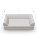 Draufsicht auf ein helles Sofa mit beschrifteten Maßen: 200 cm breit (A) und 100 cm tief (B) auf jeder Seite. Das Sofa hat quadratische Armlehnen und eine niedrige Rückenlehne.