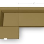 Draufsicht auf ein braunes L-förmiges Sofa mit folgenden Maßen: 110 cm Tiefe, 180 cm Länge auf einer Seite und 165 cm Länge auf der anderen Seite.