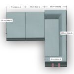 Draufsicht auf ein L-förmiges Sofa mit beschrifteten Maßen: 100 cm und 200 cm auf jeder Seite und einzelne Segmente von 70 cm, 70 cm und 80 cm. Das Sofa erscheint in hellblau-grauer Farbe.