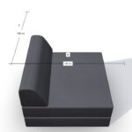 Ein schwarzes Sofa mit einer Rückenlehne auf der linken Seite, von oben gesehen. Sowohl die Länge der Rückenlehne (A) als auch die Sitzbreite (B) sind mit jeweils 100 cm angegeben.
