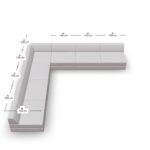 Draufsicht auf ein L-förmiges Sektionssofa mit beschrifteten Maßen von 100 cm für jedes Sitzsegment und jedes Rückenteil. Das Sofa hat ein modernes, minimalistisches Design in einer hellen Farbe.