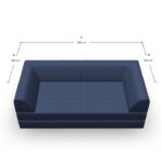 Draufsicht auf ein dunkelblaues modulares Sofa mit beschrifteten Maßen: 200 cm breit (A) und 100 cm tief auf jeder Seite (B). Das Sofa hat dicke Arm- und Rückenlehnen, mit klaren, modernen Linien.