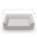 Draufsicht auf ein hellgraues, rechteckiges Sofa mit folgenden Maßen: 200 cm Länge (A), 100 cm Breite (B) auf beiden Seiten, weiche, gepolsterte Arm- und Rückenlehnen.