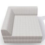 Beigefarbenes L-förmiges Sektionssofa mit gerippter Polsterung, von oben gesehen auf weißem Hintergrund. Das Sofa hat zwei Arme, die eine Ecke bilden, und eine breite, gepolsterte Sitzfläche.