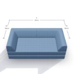 Draufsicht auf ein blaues Sofa mit den angegebenen Maßen: 200 cm breit (A) und 100 cm tief auf jeder Seite (B). Das Sofa hat hohe Arm- und Rückenlehnen und eine flache Sitzfläche.
