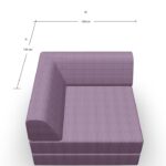 Draufsicht auf ein violettes, L-förmiges Sofa mit linker Arm- und Rückenlehne. Zwei Pfeile zeigen die Maße an: Beide Seiten (A und B) messen jeweils 100 cm.