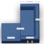 3D-Modell eines blauen Sofas in L-Form mit beschrifteten Abmessungen: 200 cm (Seite A), 100 cm (Seite A), und 100 cm (Seite B). Zwei gelbe Rechtecke befinden sich in der unteren rechten Ecke.