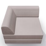 Draufsicht auf ein modernes, hellbeiges L-förmiges Sektionssofa mit einer Armlehne auf der linken Seite und einer Rückenlehne entlang der Rückenkante. Das Design ist einfach und minimalistisch, mit klaren Linien und glatter Polsterung.
