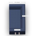 Draufsicht auf ein blaues L-förmiges Sofa mit den Maßen: 180 cm (Seite A) und 100 cm (Seite B), wobei die beiden Seiten B die Breite und A die Länge bilden.